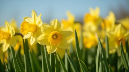 Obraz premium Beautiful Close-Up of Bright Yellow Daffodils in Spring Garden