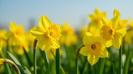 Fototapeta premium Bright Yellow Daffodils in Bloom Against a Clear Blue Sky
