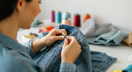 Woman carefully repairing denim jacket with needle and thread in sewing studio, giving it new life instead of discarding it. Sustainable fashion and upcycling.