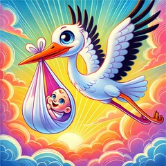 stork carrying a baby