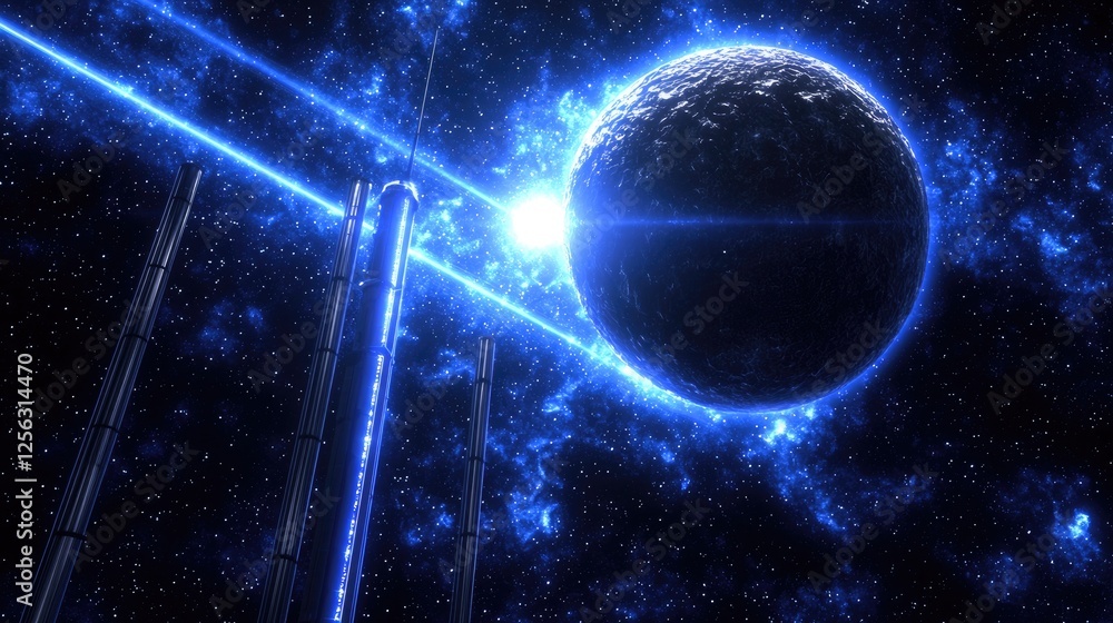 Poster celestial alignment of a distant planet outer space digital artwork cosmic environment wide angle ga