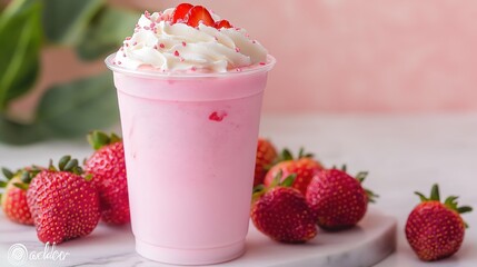 Strawberry Milkshake with Whipped Cream on Pink Background
