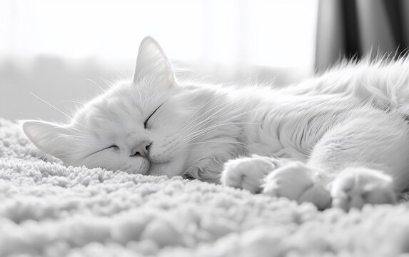Peaceful white cat sleeping soundly on soft bedding.