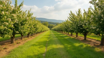 Serene Orchard Pathway Between Lush Flowering Trees in Spring
