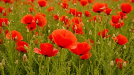 Obraz premium Vibrant Red Poppies Blooming in a Green Meadow Landscape Scene