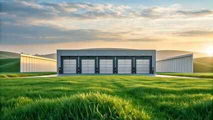 Modern Industrial Storage Facility Surrounded by Lush Green Landscape at Sunset