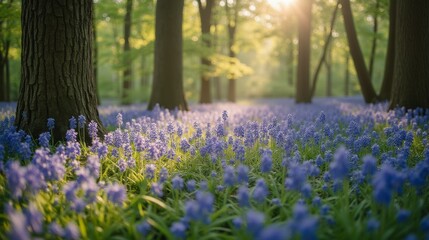 Sunlight Drenches a Forest Floor of Blue Flowers in Spring
