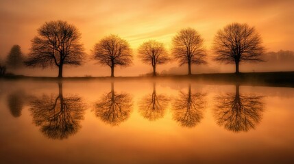 Fototapeta premium Golden Sunrise Reflections Four Trees Peaceful Lake