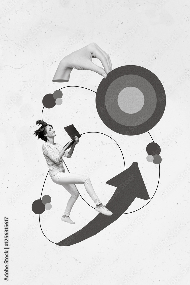 Poster collage 3d image of pinup pop retro sketch of purposeful lady achieving target isolated painting bac