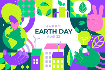 Earth Day, world environment day. Ecology concept with geometric simple forms. Banner, flyer for advertise, web, social media, design, marketing and print. Eco friendly world. Vector illustration.