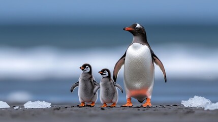 Fototapeta premium Gentoo penguin family walking on beach coastal scene wildlife photography natural environment low angle family bonding