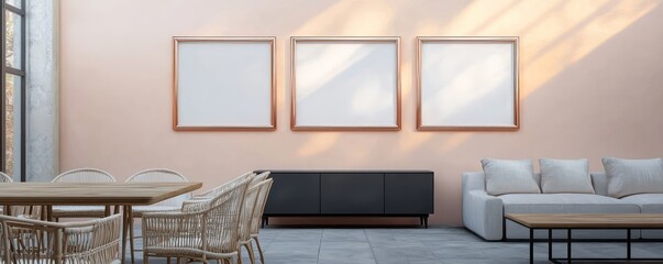 Fototapeta premium A chic living room showcasing three rose gold frames against a soft peach wall, behind a dove grey sofa