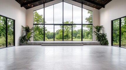 Fototapeta premium Modern Event Space with Large Windows Overlooking Green Landscape