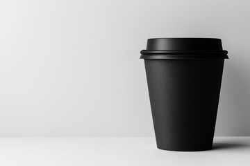A simple black paper coffee cup with lid on a white background with space to copy.