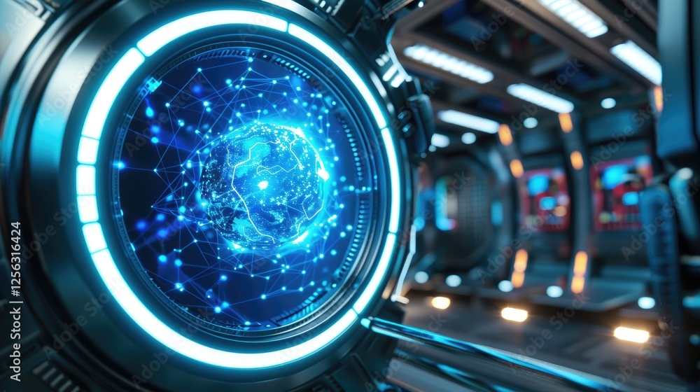Poster futuristic space exploration scene high-tech laboratory digital art sci-fi environment close-up view