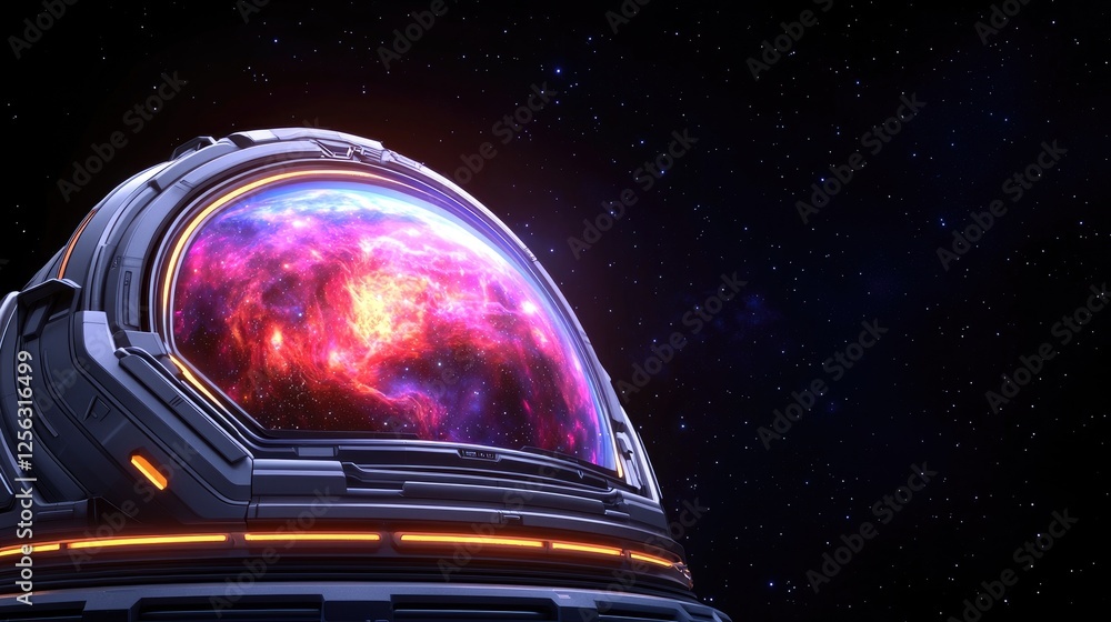 Poster exploring cosmic wonders space dome observation outer space digital art sci-fi environment close-up 
