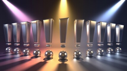 A dynamic and colorful arrangement of metallic exclamation marks and shiny spheres, creating a striking visual effect with vibrant lighting.