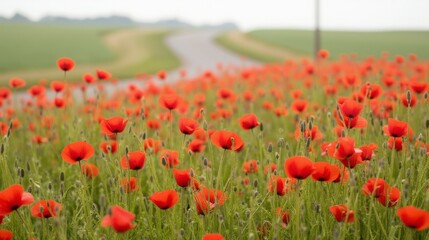 Fototapeta premium Vibrant Red Poppy Flowers in Scenic Rural Landscape Setting