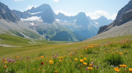 Fototapeta premium Vibrant Wildflowers in Stunning Mountain Landscape Under Clear Sky