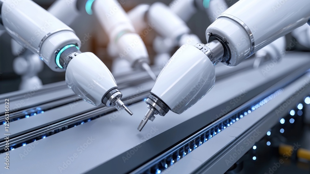 Poster automated manufacturing process factory industrial robots controlled environment close-up view techn