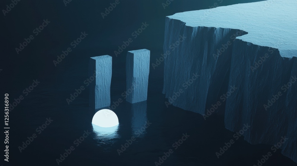 Poster dark and eerie scene of a large iceberg floating in the ocean. the iceberg is on the right side of t