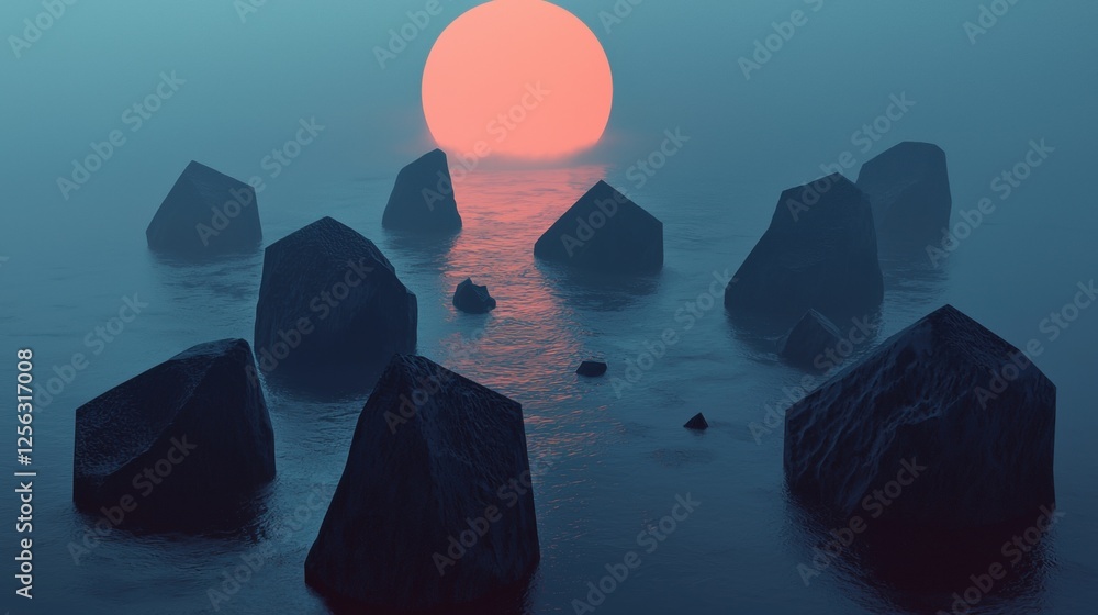 Poster group of large rocks floating on the surface of the water. the rocks are of different sizes and shap