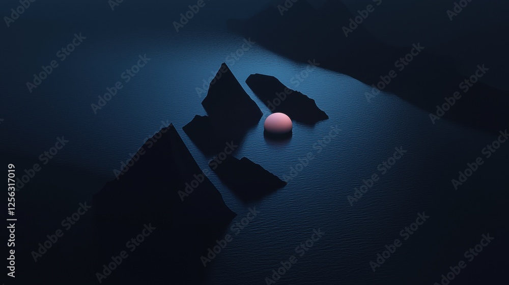 Poster dark blue background with a few small islands scattered across the water. the islands are of differe