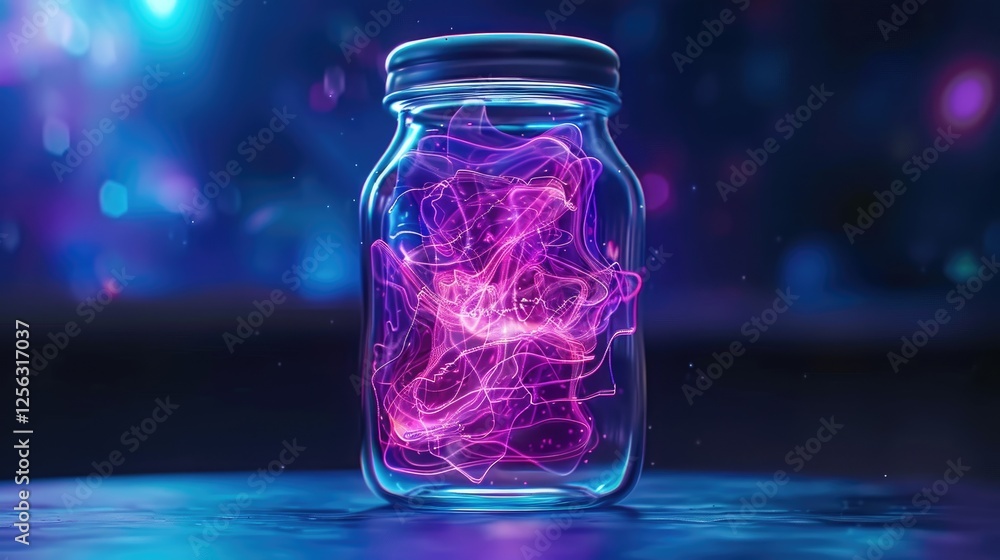 Poster dynamic light energy in a jar captured in a studio setting with abstract background and futuristic c