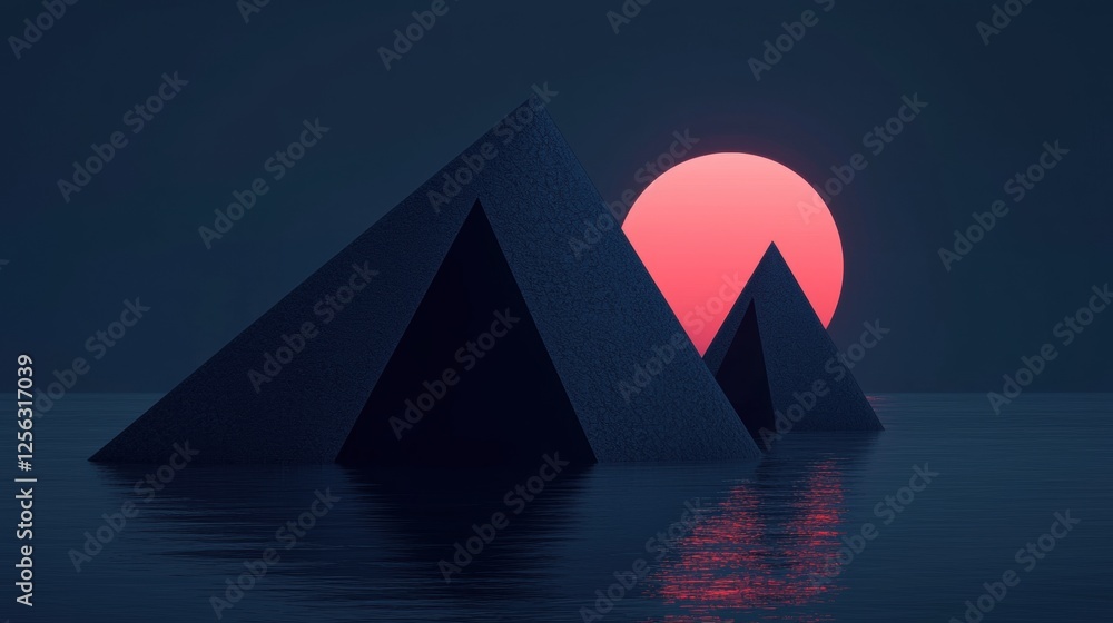 Poster digital illustration of three triangular structures in the middle of a body of water.