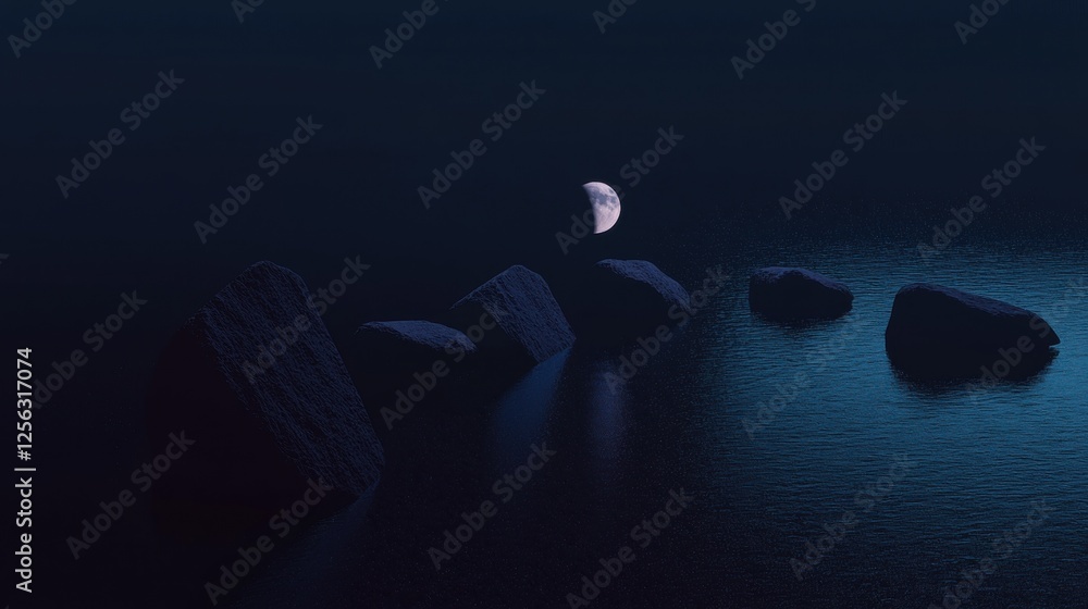 Poster dark and moody scene of a full moon rising over a body of water. the sky is a deep blue color and th