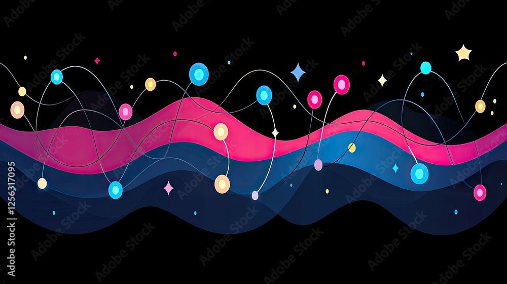 Poster abstract colorful waves with connected circles and stars