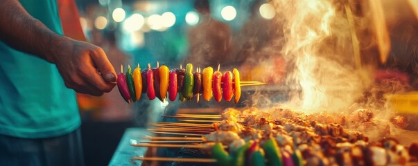 Close-up of colorful vegetable skewers on grill at outdoor food market festival