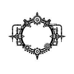 Steampunk Mechanical Circle - Industrial Gears, Pipes and Mechanisms - Black & White.