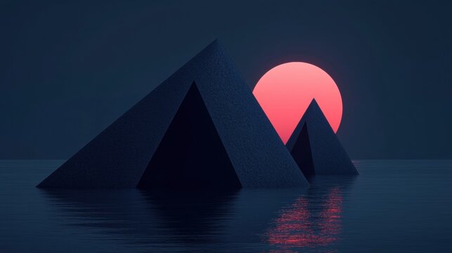 Digital illustration of three triangular structures in the middle of a body of water.