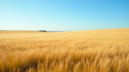 Obraz premium Scenic Golden Wheat Field Under Clear Blue Sky at Sunrise