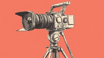 Vintage Film Camera on Tripod, Studio Background, Filmmaking