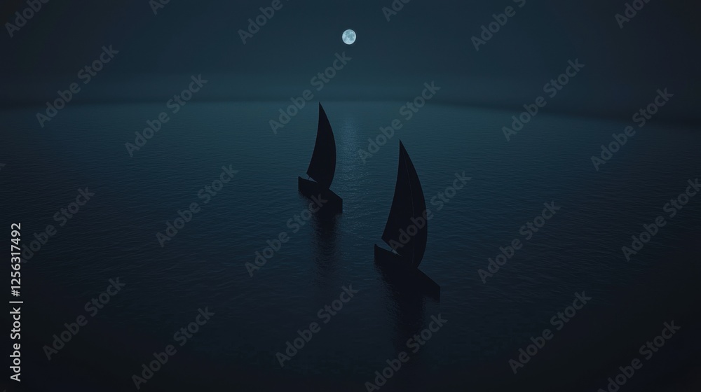 Poster two sailboats floating on the ocean at night. the sky is dark and the moon is partially visible in t
