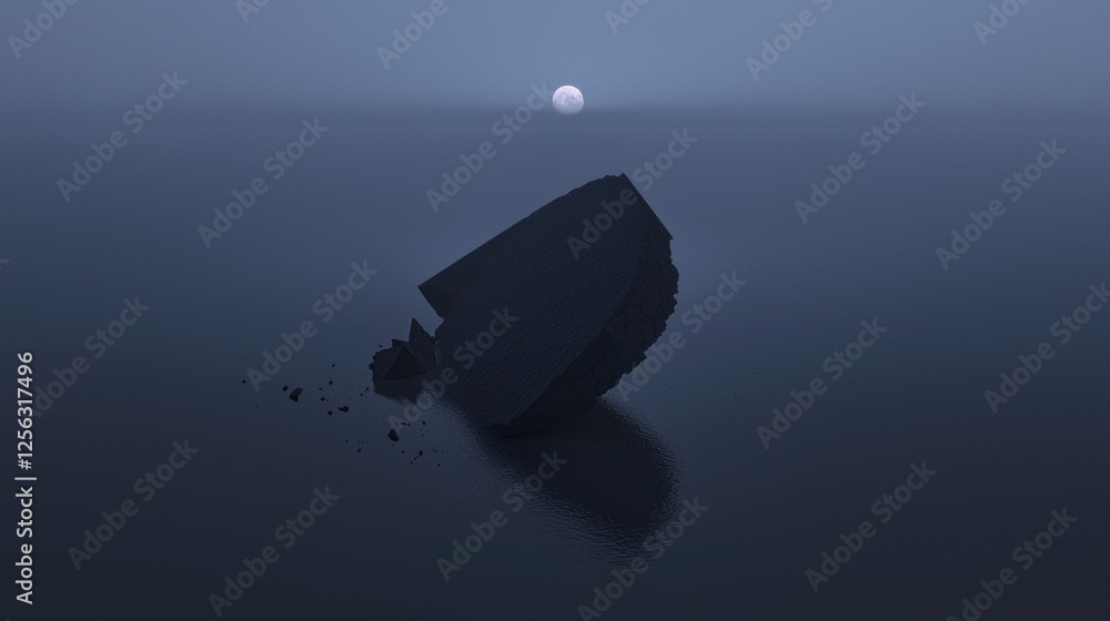 Poster 3d rendering of a small island in the middle of the ocean. the island appears to be made of a dark m
