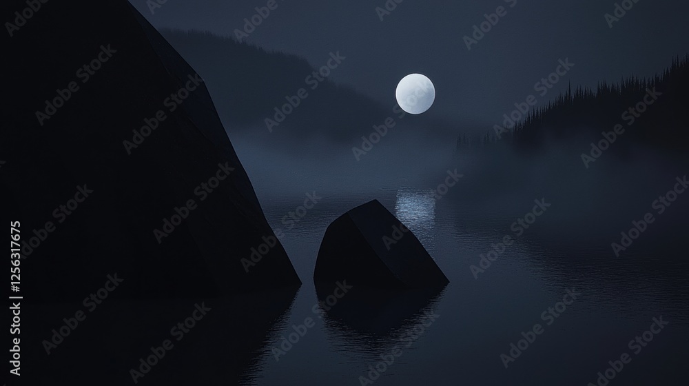 Poster Dark and moody scene of a lake with a full moon in the background. the sky is dark and the moon is partially visible, casting a soft glow over the water.