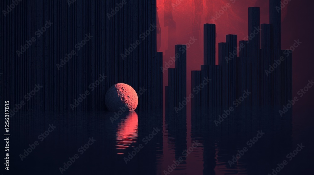 Poster Digital art piece that appears to be a futuristic cityscape. the background is dark and the city is made up of vertical lines that create a grid-like pattern.