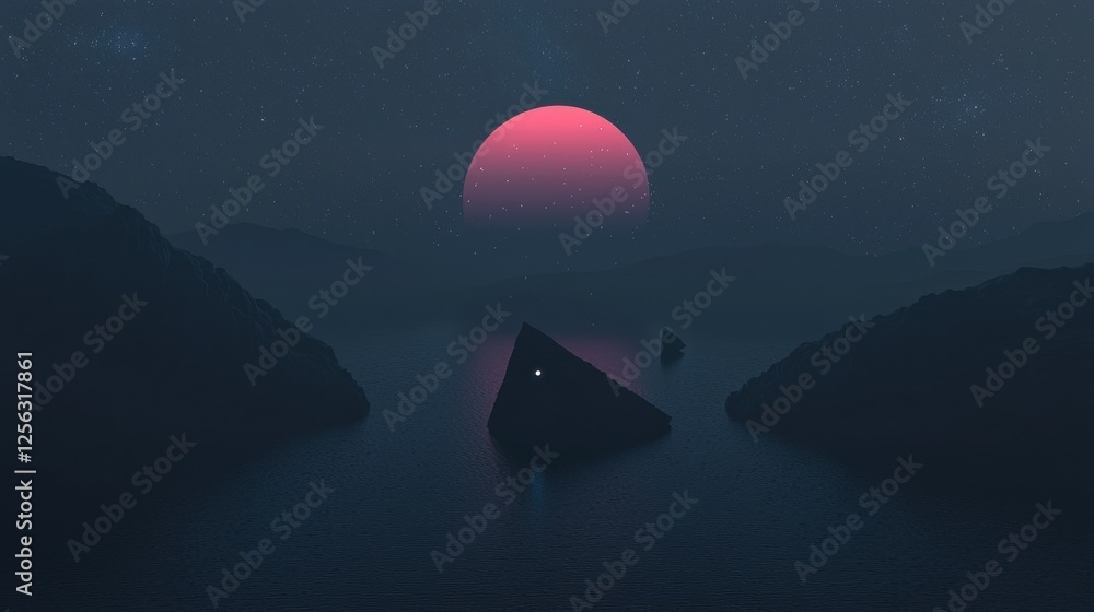 Poster digital illustration of a beautiful night sky with a large pink sun in the center. the sun is partia