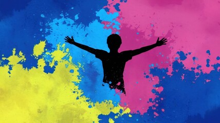 A silhouetted child leaps joyfully against a vibrant splash of bright colors, embodying freedom and creativity.