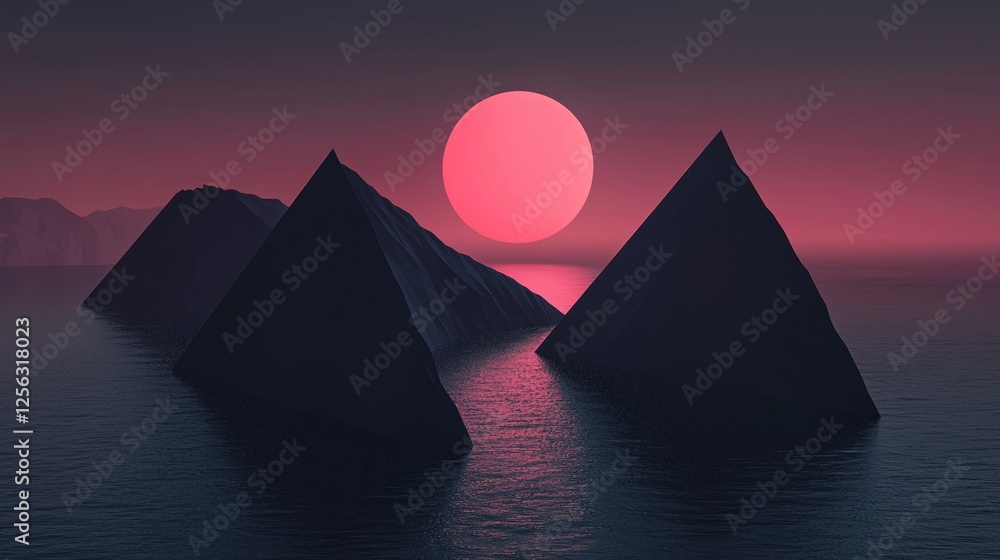 Poster digital illustration of three pyramids in the middle of a body of water. the pyramids are arranged i