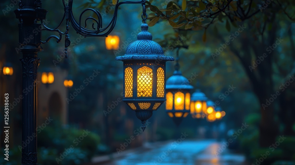 Poster glowing lanterns illuminate a serene pathway in a tranquil evening setting.