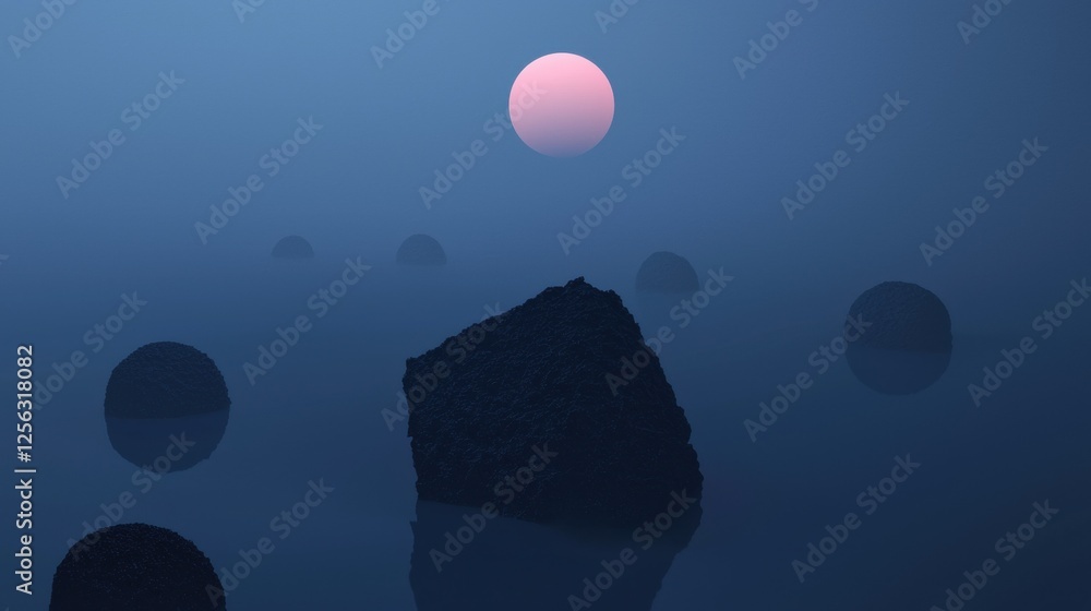 Poster digital illustration of a group of spherical objects floating in a body of water.