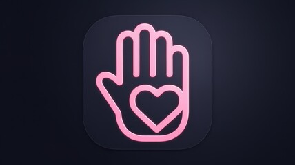 Obraz premium Stylized hand symbol with a heart, glowing in pink neon against a dark background, representing care and compassion.