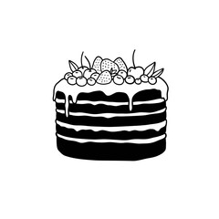 Vector black and white cake illustration. Vector chocolate cake with berries. Simple cake illustration