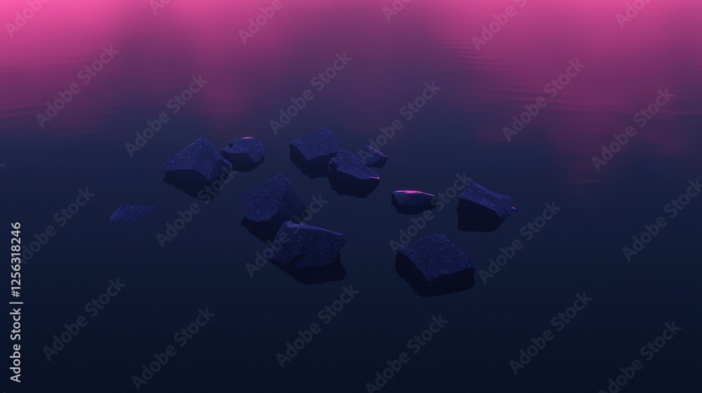 Poster group of small rocks scattered on a dark blue surface. the rocks are of different sizes and shapes, 