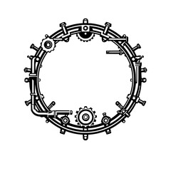 Steampunk Circular Frame with Gears and Pipes on a White Background