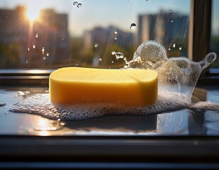 Soapy Sponge Cleaning a Large Window with Foam and Water Droplets